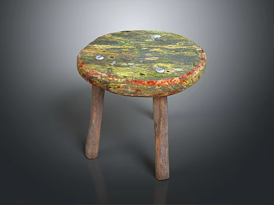 Vintage Wooden Stool with Round Seat Green Red Patina and Three Legs 3d model