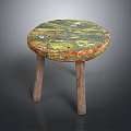Vintage Wooden Stool with Round Seat Green Red Patina and Three Legs