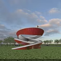 Spiral Red And White Bridge Design In Green Lawn With Street Lamps And Sky Background