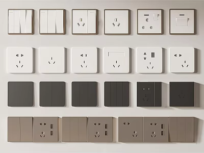 Modern Switch Panels in White Black Gray with Single Double Socket Designs 3d model