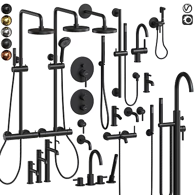 Modern Black Shower Faucet Set With Handheld Head Control Knobs And Hoses 3d model