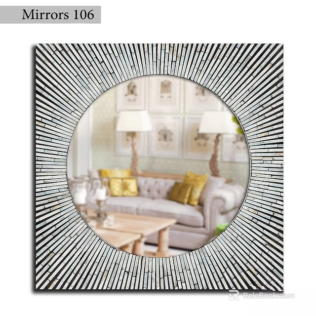 Round Black White Radiant Frame Mirror Reflecting Living Room Sofa Yellow Pillows Lamps Wall Art 3d model 
