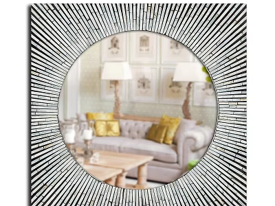Round Black White Radiant Frame Mirror Reflecting Living Room Sofa Yellow Pillows Lamps Wall Art 3d model
