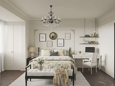 Elegant Classic Bedroom Interior With Chandelier Framed Art Round Mirror Bed And Desk Chair 3d model