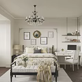 Elegant Classic Bedroom Interior With Chandelier Framed Art Round Mirror Bed And Desk Chair