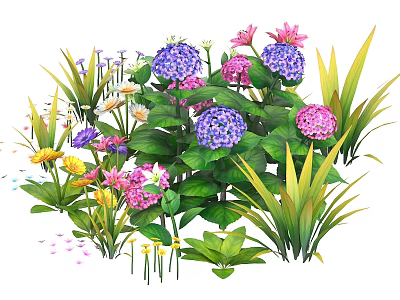 Vibrant Assorted Flowers With Purple Hydrangeas Pink Blooms And Lush Green Leaves 3d model