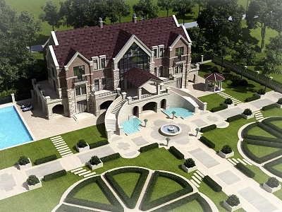 European Style Detached Villa With Red Roof Garden Swimming Pool And Fountain 3d model
