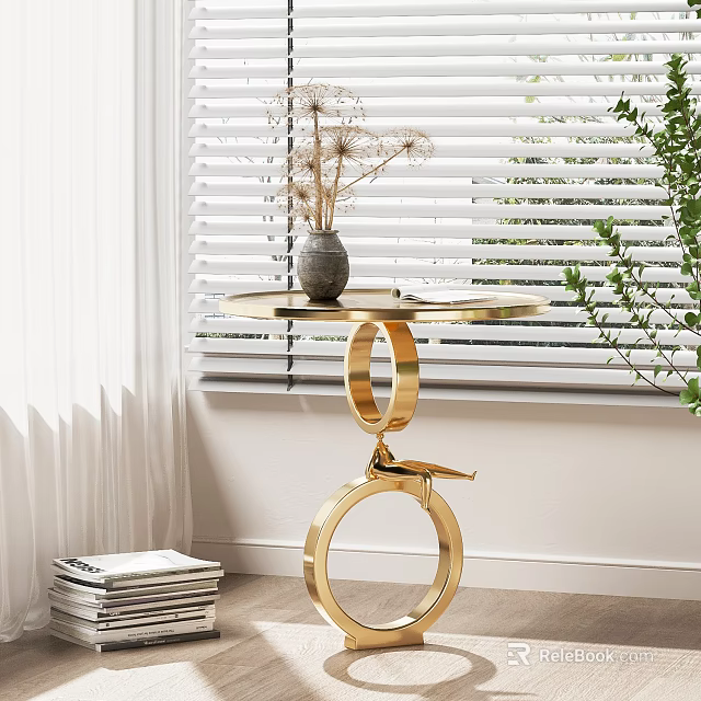 Modern Round Accent Table with Gold Metal Geometric Ring Base and Dried Flower Vase 3d model 