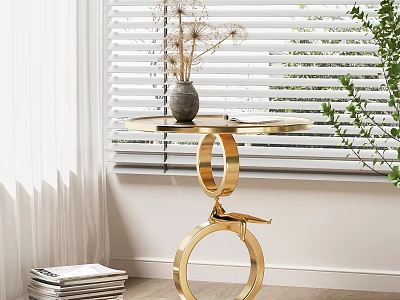 Modern Round Accent Table with Gold Metal Geometric Ring Base and Dried Flower Vase 3d model