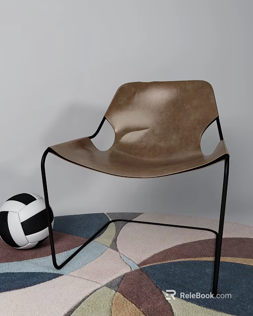 Brown Leather Leisure Chair With Black Metal Frame And Volleyball On Colorful Geometric Pattern Rug 3d model 