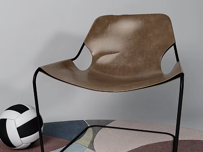 Brown Leather Leisure Chair With Black Metal Frame And Volleyball On Colorful Geometric Pattern Rug 3d model