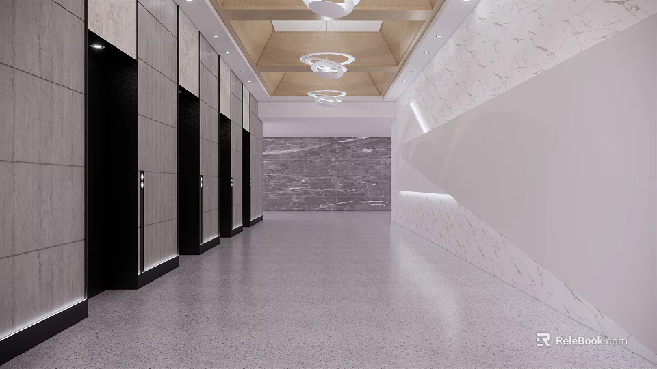 Modern Elevator Lobby With Multiple Black Doors Marble Walls And Ceiling Lights 3d model