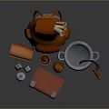 Colorful Daily Living Supplies Including Orange Backpack Red Stool And Metal Pot