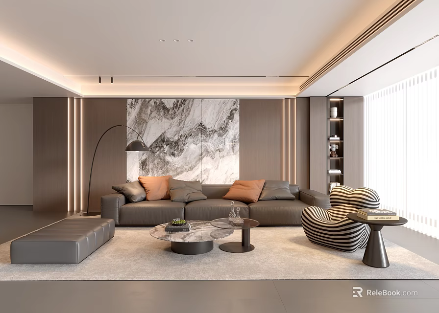 Modern Luxury Living Room With Marble Accent Wall And Cozy Leather Sofa Home Interior Design 3d model 