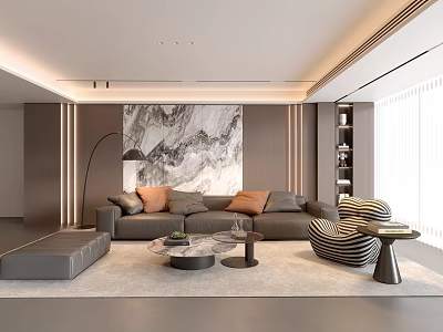Modern Luxury Living Room With Marble Accent Wall And Cozy Leather Sofa Home Interior Design 3d model