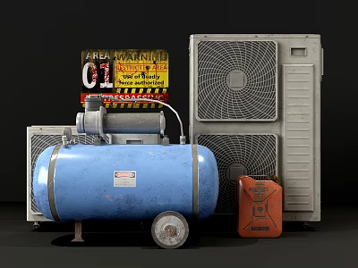 Air Conditioner Fan Outdoor Unit With Blue Air Compressor Red Oil Drum Yellow Warning Sign 3d model