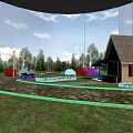 Garden Landscape with Rustic Cobblestone Ground Small Cottage Tents Trees and Green Grass