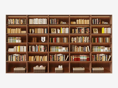 Wooden Bookshelf With Multiple Shelves Filled With Books And Decorative Items 3d model