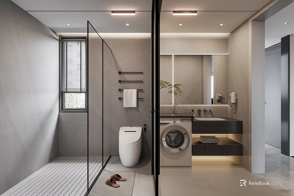 Modern Bathroom Interior With Glass Shower Smart Toilet And Washing Machine 3d model 