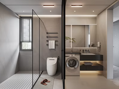 Modern Bathroom Interior With Glass Shower Smart Toilet And Washing Machine 3d model