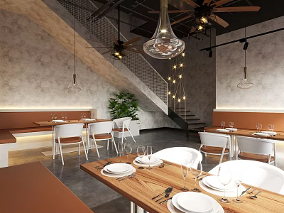 Modern Café Interior With Wooden Dining Tables White Chairs Pendant Lights And Green Plant 3d model