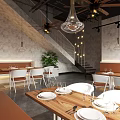 Modern Café Interior With Wooden Dining Tables White Chairs Pendant Lights And Green Plant