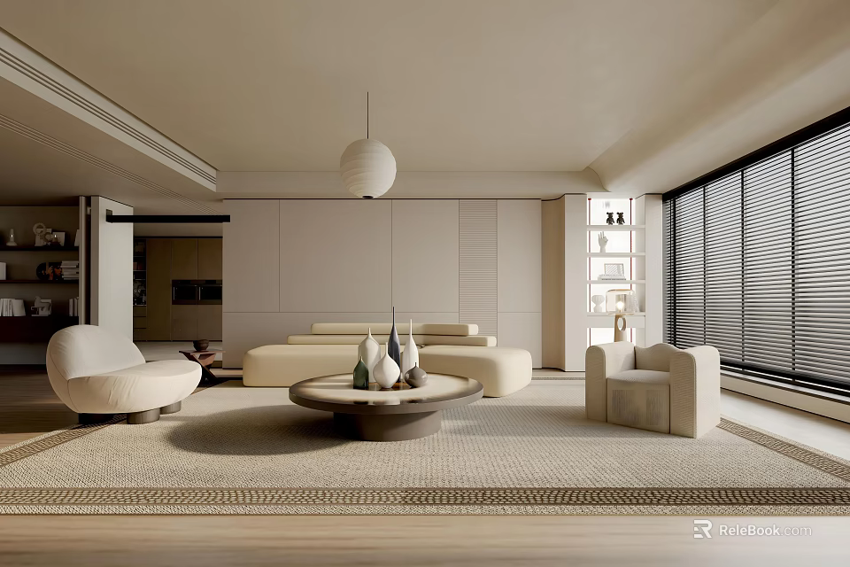 Modern Minimalist Living Room Interior With Beige Sofa Round Coffee Table And Pendant Light 3d model 