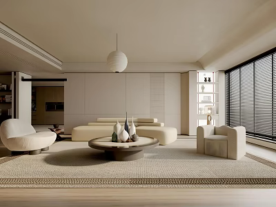 Modern Minimalist Living Room Interior With Beige Sofa Round Coffee Table And Pendant Light 3d model