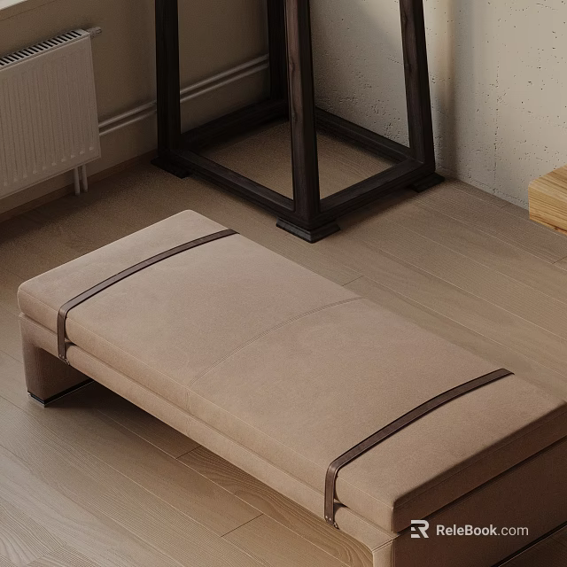 Beige Upholstered Ottoman With Dark Straps On Wooden Floor In Modern Room 3d model 
