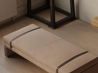 Beige Upholstered Ottoman With Dark Straps On Wooden Floor In Modern Room 3d model