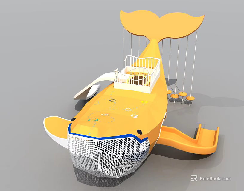 Fun Whale Shaped Yellow Playground Equipment With Slide Swings And Netted Front 3d model 