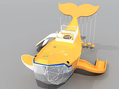 Fun Whale Shaped Yellow Playground Equipment With Slide Swings And Netted Front 3d model