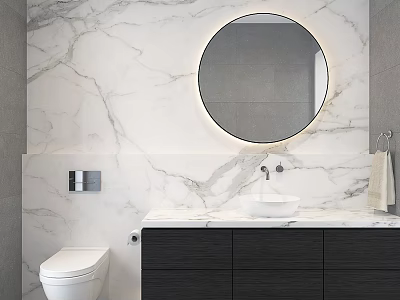 Modern Bathroom Vanity With Marble Wall Round Illuminated Mirror And Black Cabinets 3d model