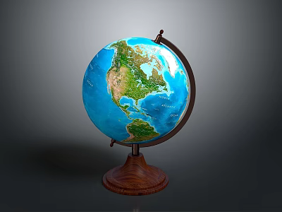 Classic Globe With Wooden Base And Metal Stand Displaying Ocean Land Details 3d model