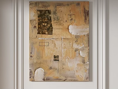 Abstract Painting With Warm Tones Layered Texture And Irregular Shapes Hanging On White Wall 3d model