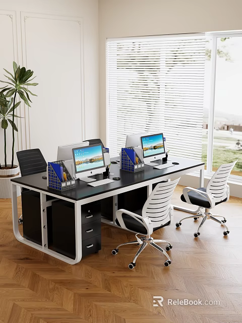 Modern Office Desk With Two Computer Monitors Blue File Organizers White Chairs Blinds And Greenery 3d model 