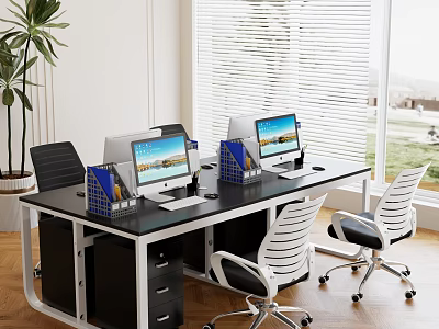 Modern Office Desk With Two Computer Monitors Blue File Organizers White Chairs Blinds And Greenery 3d model