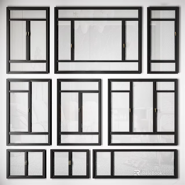 Various Black Framed Window Designs With White Glass Arranged In Grid 3d model