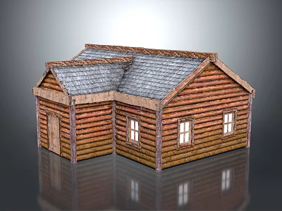 Log Cabin Exterior With Gray Shingle Roof Multiple Windows And Wooden Door 3d model
