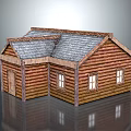 Log Cabin Exterior With Gray Shingle Roof Multiple Windows And Wooden Door