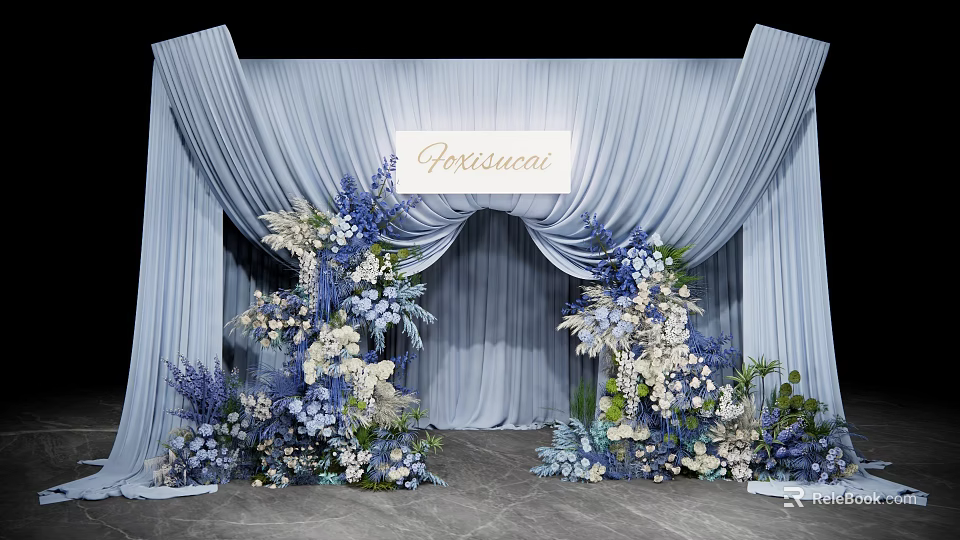 Elegant Photo Spot With Light Blue Arch Curtains And Blue White Floral Decorations 3d model 