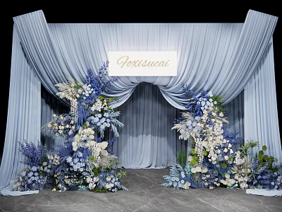 Elegant Photo Spot With Light Blue Arch Curtains And Blue White Floral Decorations 3d model