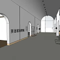 Modern Art Gallery Corridor With Red Spiral Staircase And Arched Doorways