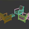 Three Wooden Frame Chairs With Green Cushions And Ottoman Furniture Set