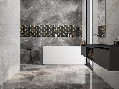 Modern Bathroom Interior With Gray Marble Tiles Bathtub Black Vanity Mirror Wall And Gold Accents 3d model