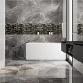 Modern Bathroom Interior With Gray Marble Tiles Bathtub Black Vanity Mirror Wall And Gold Accents
