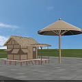 Pergola with Thatched Roof Hut and Umbrella Shaped Canopy on Stone Pavement in Grassland