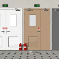 White Light Brown Dark Gray Doors With Exit Signs Red Fire Extinguishers And Checkerboard Floor