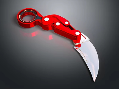 Red Karambit Knife With Shiny Ring Handle And Curved Sharp Metallic Blade 3d model