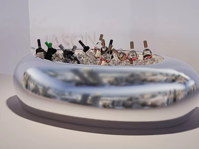 Elegant Wine Bottles And Glasses In Silver Oval Ice Bucket With Ice Cubes 3d model